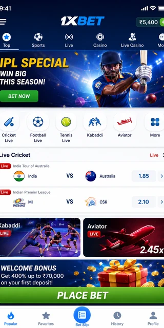 1xBet app home screen on Android in India with live cricket odds and the ₹70,000 bonus banner