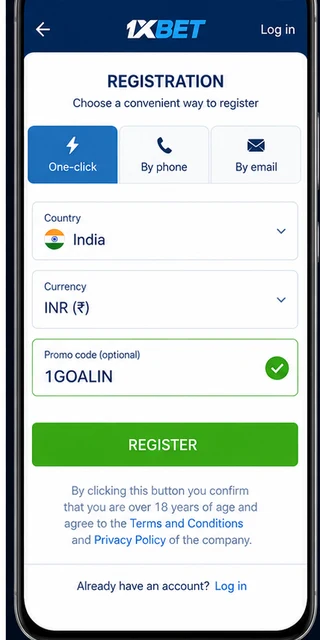 1xBet mobile sign-up form on Android showing INR currency and the 1GOALIN promo code field for India
