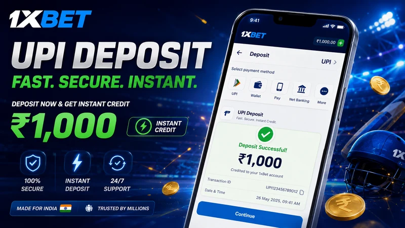 UPI deposit screen in the 1xBet app crediting ₹1,000 to an India account