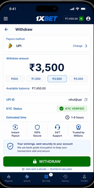 Phone screenshot of the 1xBet app confirming a ₹3,500 UPI withdrawal approved after KYC in India